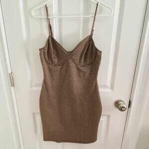 Bear Dance Dress Womens Large Brown Houndstooth Fitted Mini Bustier babydoll y2k